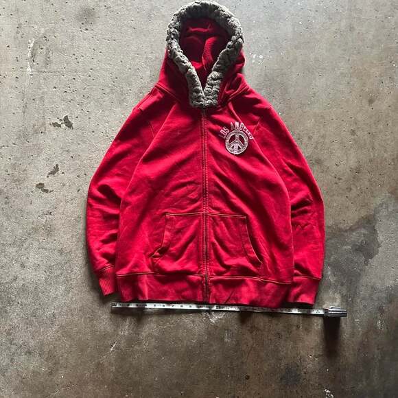 Vintage Y2K Hollister Crimson Red Fur Trim Zip Up Hoodie - Size L - Picture 3 of 5